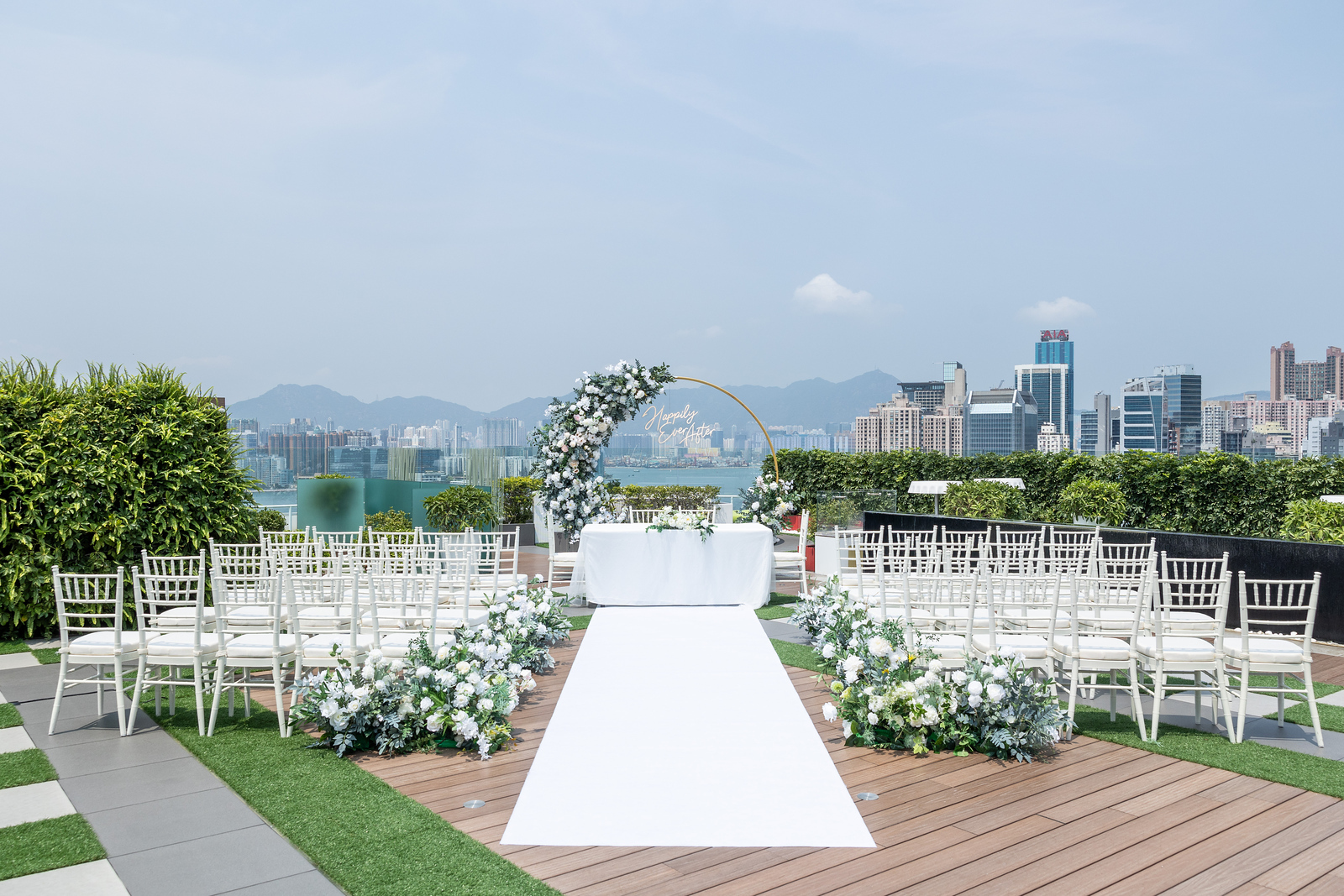 Rooftop Garden of The Park Lane Hong Kong Wedding with Blue Sky and Harbourview